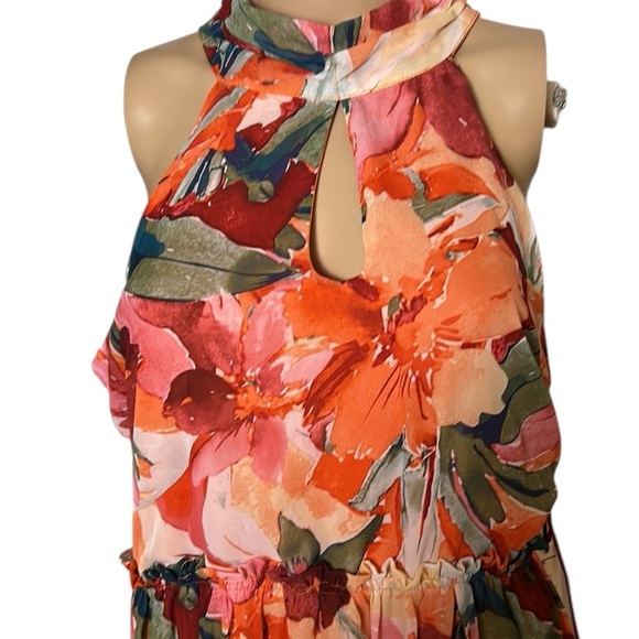 NICOLE MILLER  floral sleeveless halter dress, XL, sheer,chiffon,lined,tiered. - Picture 3 of 15